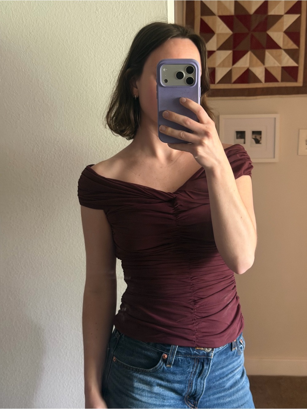 Women’s Ruched Off-Shoulder Top in Deep Burgundy